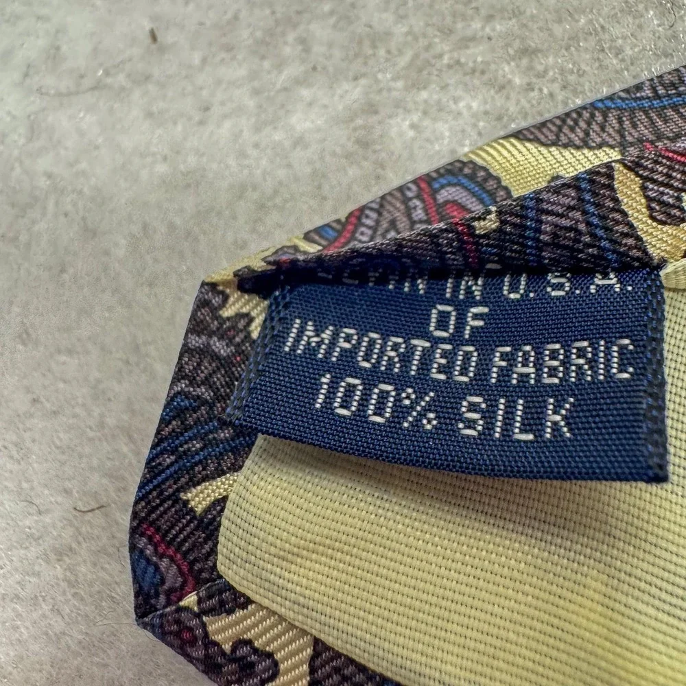 Lands End Tie Mens Silk Paisley Necktie Yellow‎ Blue Red Made in USA Classic